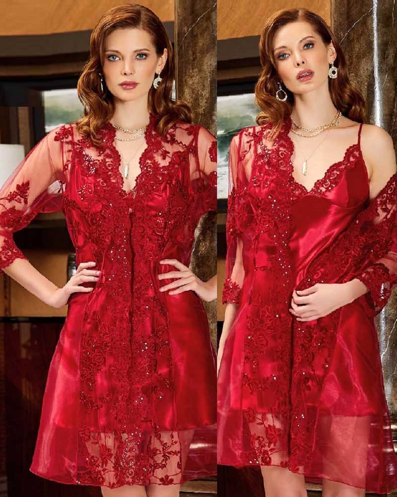 Red Satin Lace and Tulle Nightdress Set