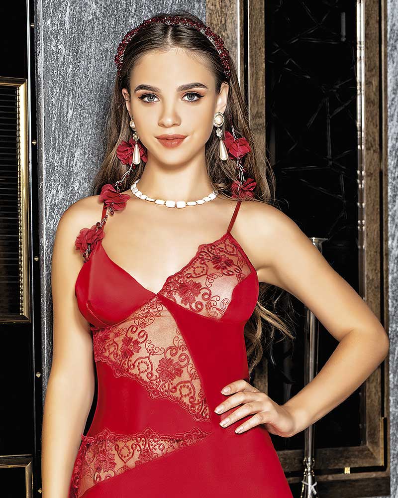 Red Satin and Lace Patchwork Chemise with Matching Thong